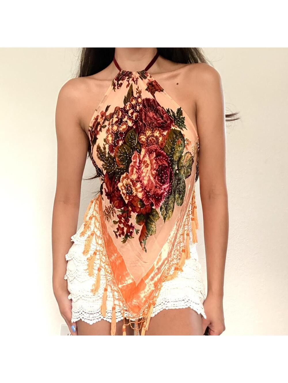 Insane orange & red floral beaded silk scarf halter top